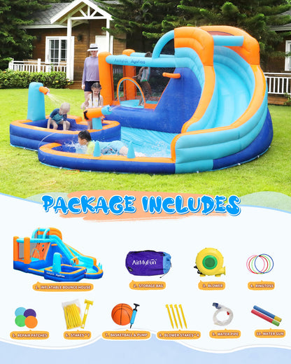 AirMyFun Inflatable Bounce House Water Slide with Curved Slide & Ball Pit Splash Pool - Kids Outdoor/Indoor Water Play Center for Backyard, Birthday Parties - Includes Basketball Hoop & Blower