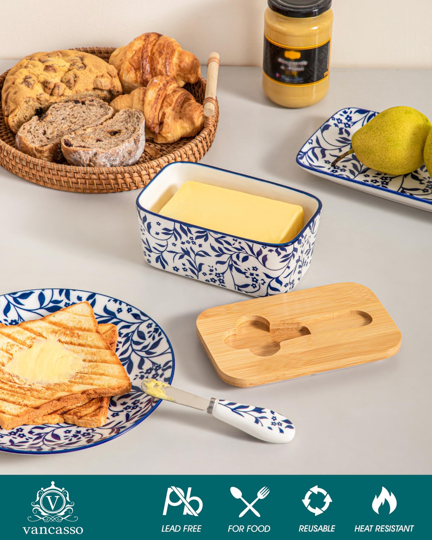 vancasso SELENE Butter Dish with Lid, 6.5" Large Butter Dish for Countertop, Ceramic Butter Keeper Container with Knife and Bamboo Lid, Delicate Floral Pattern