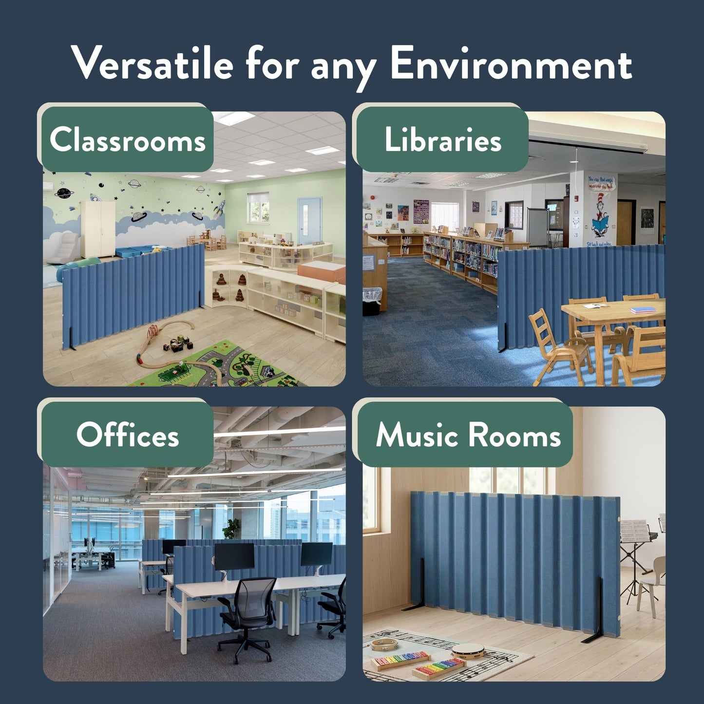 Angeles 30" x 6' Quiet Divider With Sound Dampening Panels, Freestanding Room Divider Wall, Blue