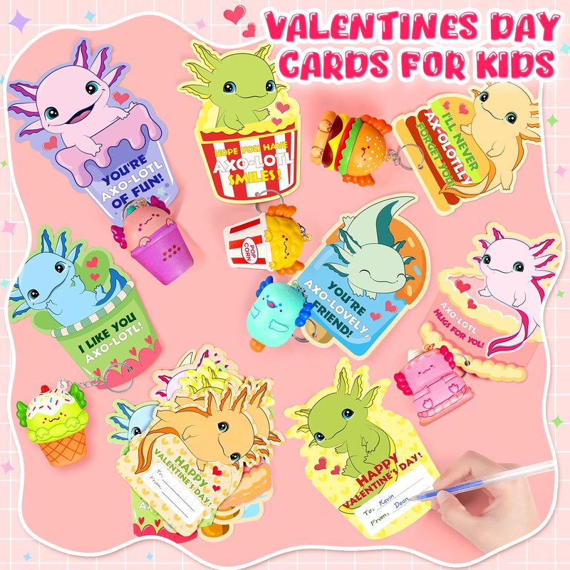 EULRGAUS Valentines Day Cards for Kids School, 24 PCS Food Axolotl Slow Rising Squishy Toys, Valentines Cards for Kids Classroom with Keychains, Valentines Classroom Exchange Party Favors Gifts