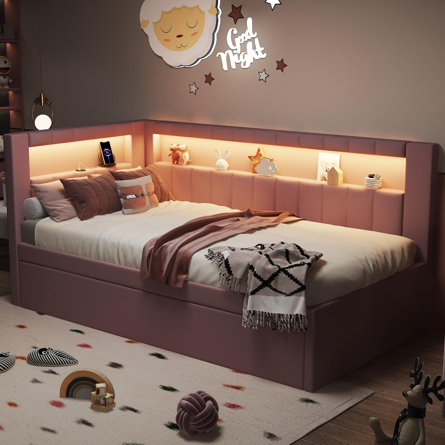 Bellemave Twin Size Upholstered Daybed with Trundle and USB/LED Belt, Corner Bed with Trundle. L-Shape daybed for Bedroom Living Room, Pink（Linen）