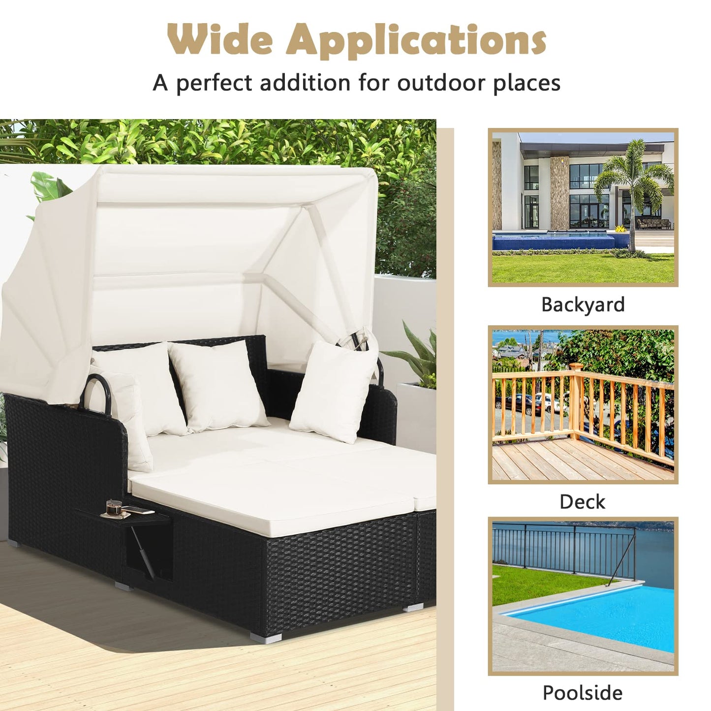 Tangkula Patio Rattan Daybed with Retractable Canopy, Outdoor Wicker Sunbed Lounger with 2 Foldable Side Tables, Thick Seat & Back Cushions, Double Daybed for Garden, Backyard, Porch (Off White)
