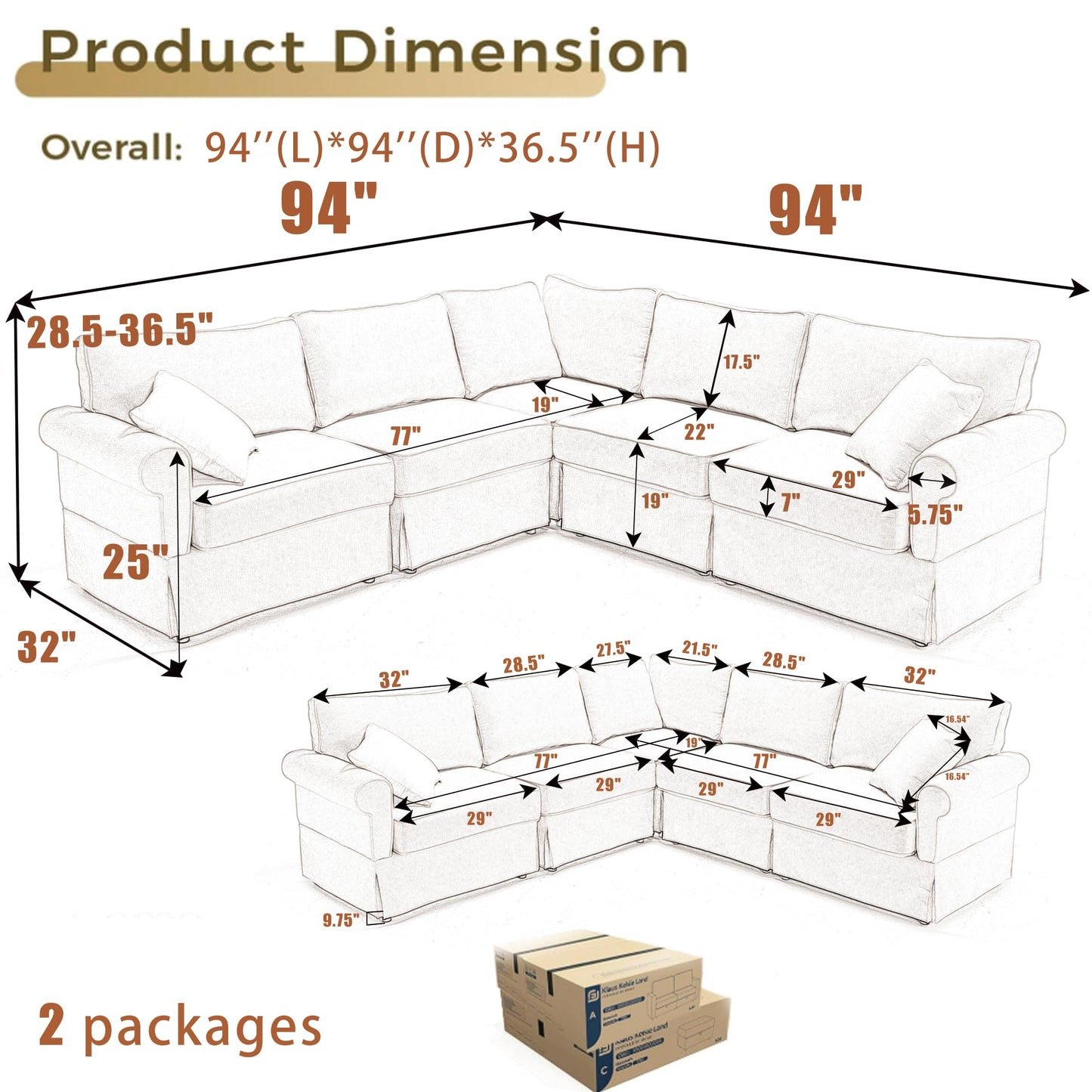 KEIKI 94" L-Shaped Oversized Modular Linen Sectional Sofa with Rolled Arms, Cushion Back, Modern Style Convertible 5-Seater Corner Couch, Easy Assembly, for Apartment, Living Room, Bedroom, Dark Gray