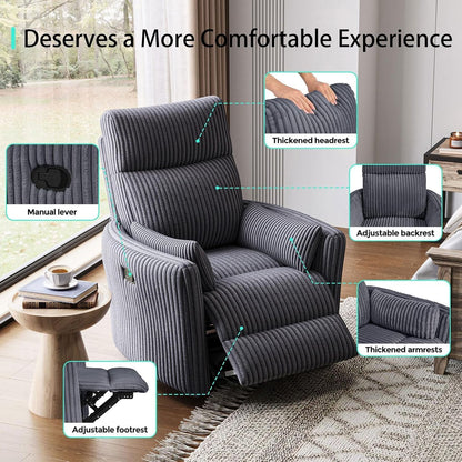 LINSY 360 Swivel Recliner Chair, Nursery Glider Rocking Chair with 2 Pillows, Corduroy Nursing Chair Comfy High Back Adult Rocker Recliner for Small Spaces, Nursery Bedroom Living Room (Gray)