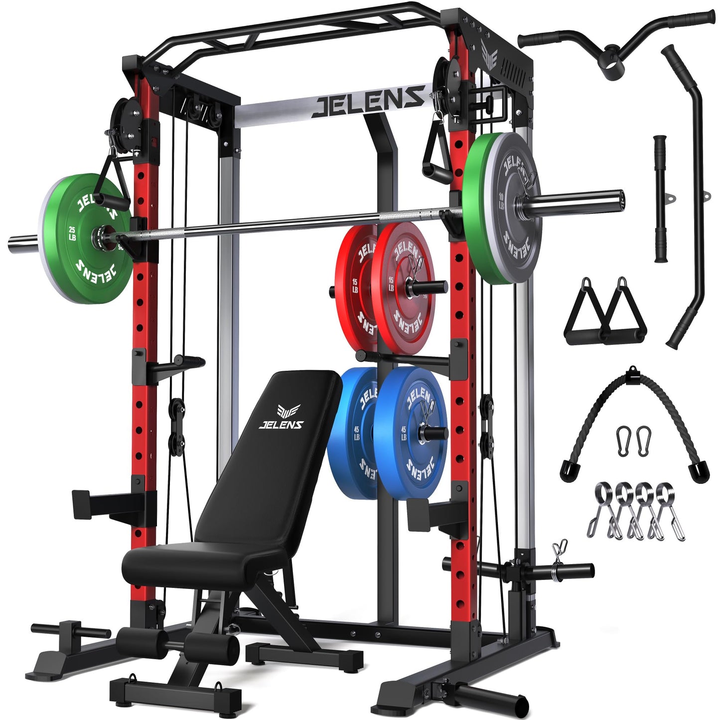 JELENS C21 Power Cage, 2000LBS Multi-Function Power Rack with Independent Dual Pulley System, All-in-One Squat Rack for Cable Crossover, Home Gym Workout Machine (Red, 190LBS Color)