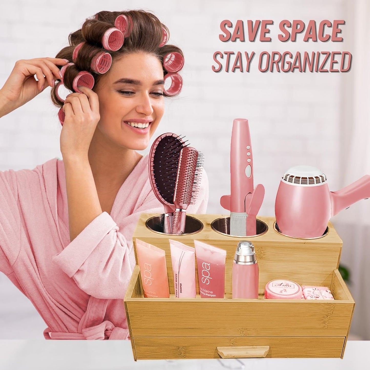 Hair Tool Storage Organizer - Bamboo Hair Organizer for Bathroom, Kitchen, and Makeup, Perfect for Blow Dryer &