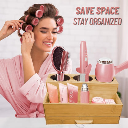 Hair Tool Storage Organizer - Bamboo Hair Organizer for Bathroom, Kitchen, and Makeup, Perfect for Blow Dryer &
