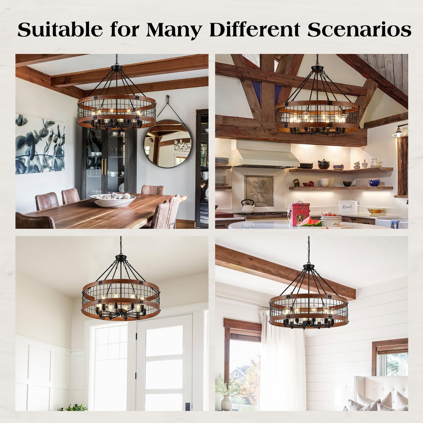 Faibra 10-Light Farmhouse Drum Wood Pendant Light,32'' Vintage Rustic Brown Oak Wood Chandeliers,Retro Industrial Hanging Light Fixtures for Dining Room Entryway, Bedroom