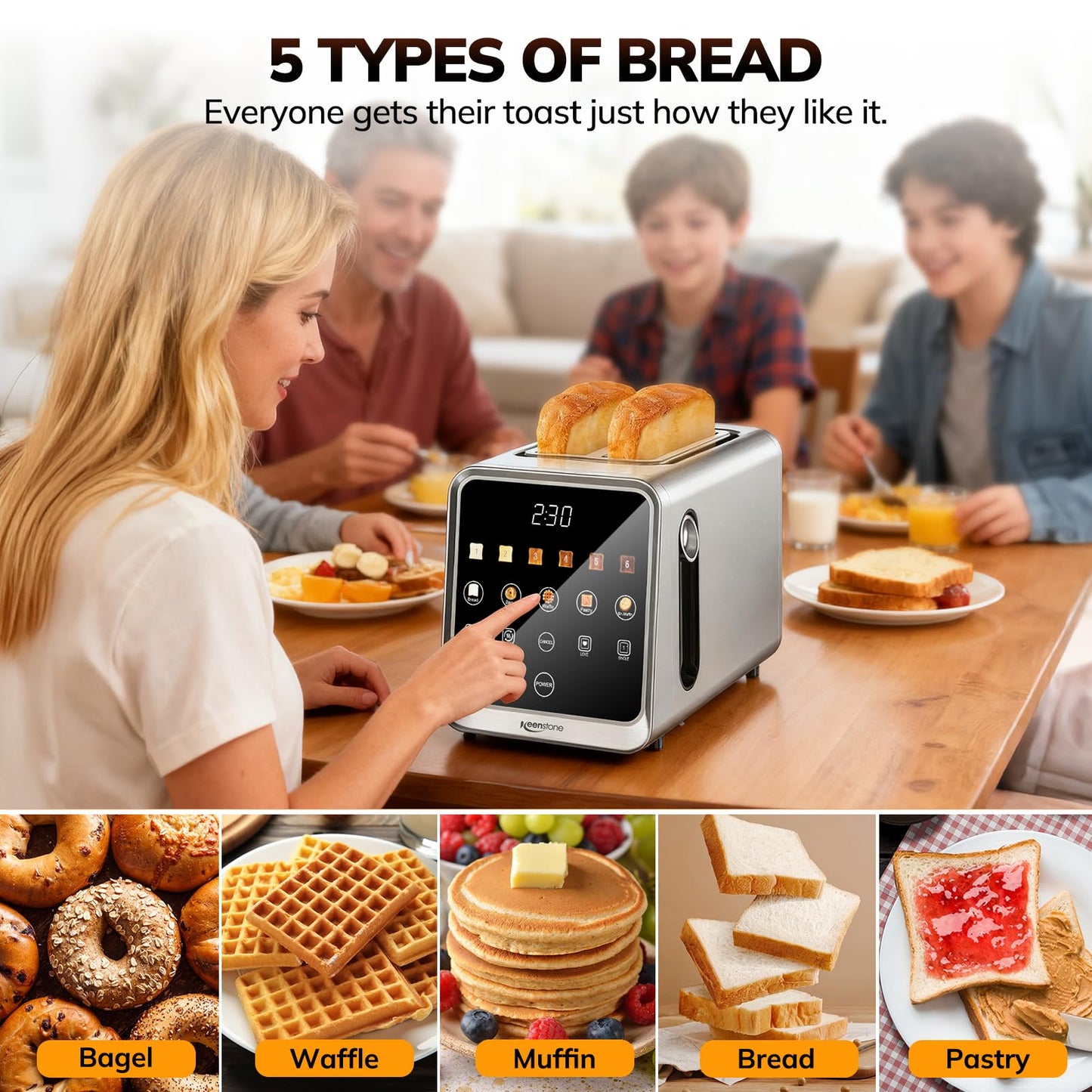 Keenstone Toaster 2 Slice, Digital Smart Toaster with TouchScreen, Dual Control Panel, Single Slot Toasting, Timer, Reheat & Defrost for Bagels, Bread, Waffles, Stainless Steel Kitchen Essentials