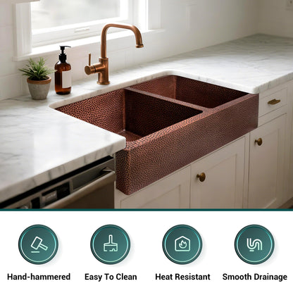 CT Copper Tailor 33" Copper Farmhouse Kitchen Sink 16 Gauge Thick, Hand-hammered Antique Copper 50/50 Double Bowl Sink,Strainer Included