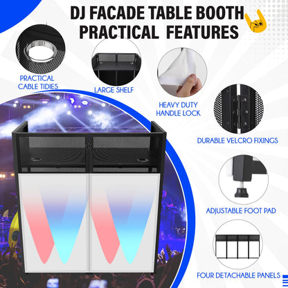 Portable DJ Facade Booth,52"L X 26"W DJ Facade with White & Black Scrim,Foldable DJ Table Station with Adjustable Feet for Party, Black Metal Frame