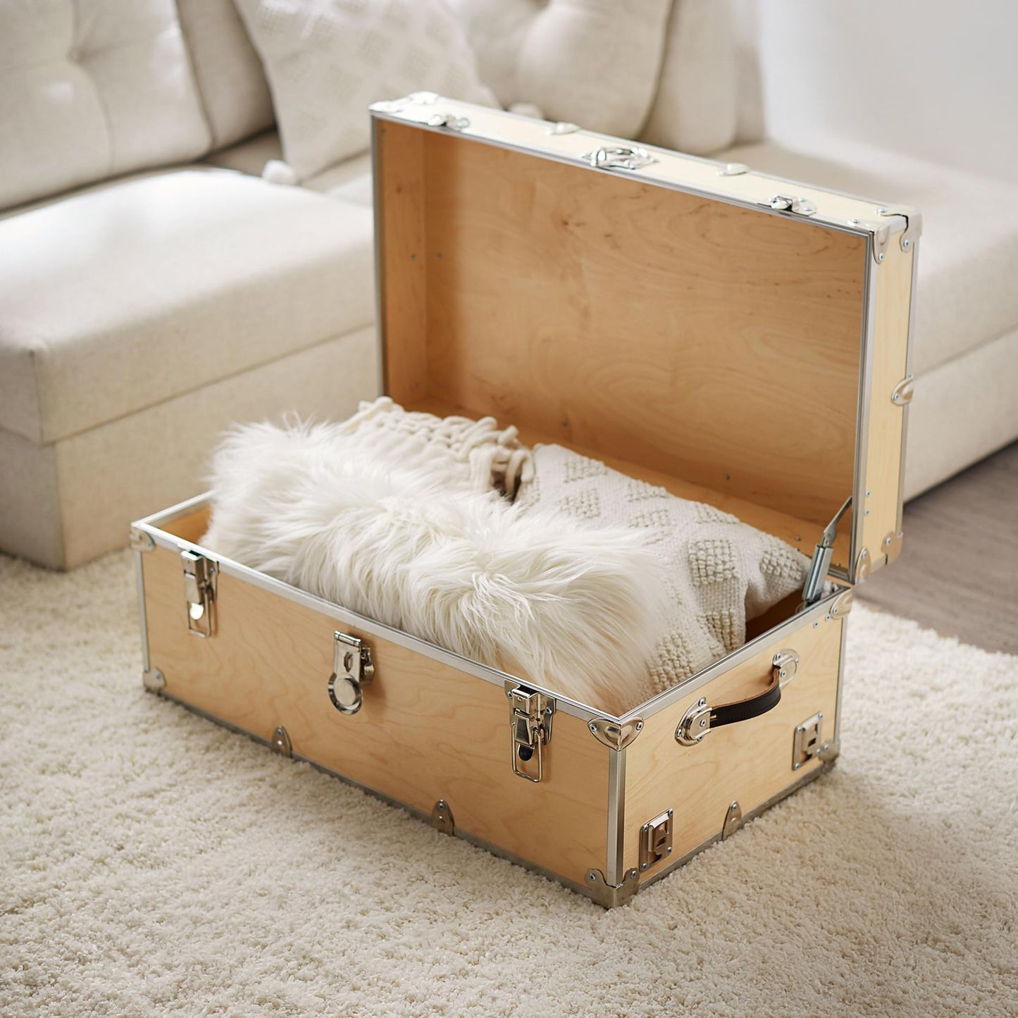 Rhino Trunk & Case Naked XL Trunk with Wheels - 34"x20"x15", 1500+ lbs Capacity, Soft-Close Lid. Strong, USA Made Summer Camp Footlocker, Secure College Dorm Chest, Natural Wood Home Storage Box