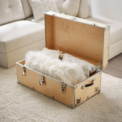 Rhino Trunk & Case Naked XL Trunk with Wheels - 34"x20"x15", 1500+ lbs Capacity, Soft-Close Lid. Strong, USA Made Summer Camp Footlocker, Secure College Dorm Chest, Natural Wood Home Storage Box