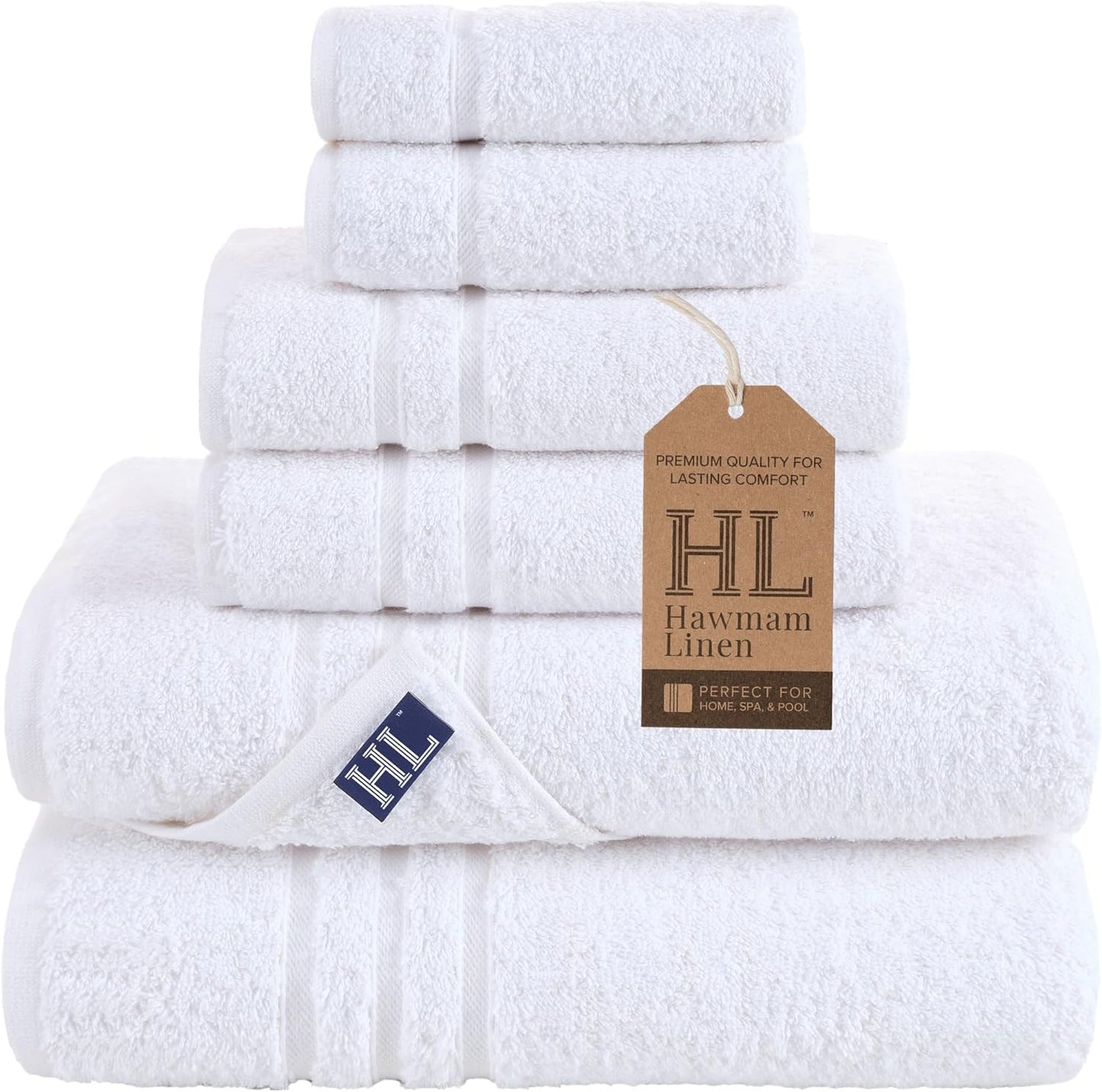 6 Set 2 2 2 Hawmam Linen White Piece Bath Towels for Bathroom Original Turkish Cotton Soft, Absorbent and Premium Bath