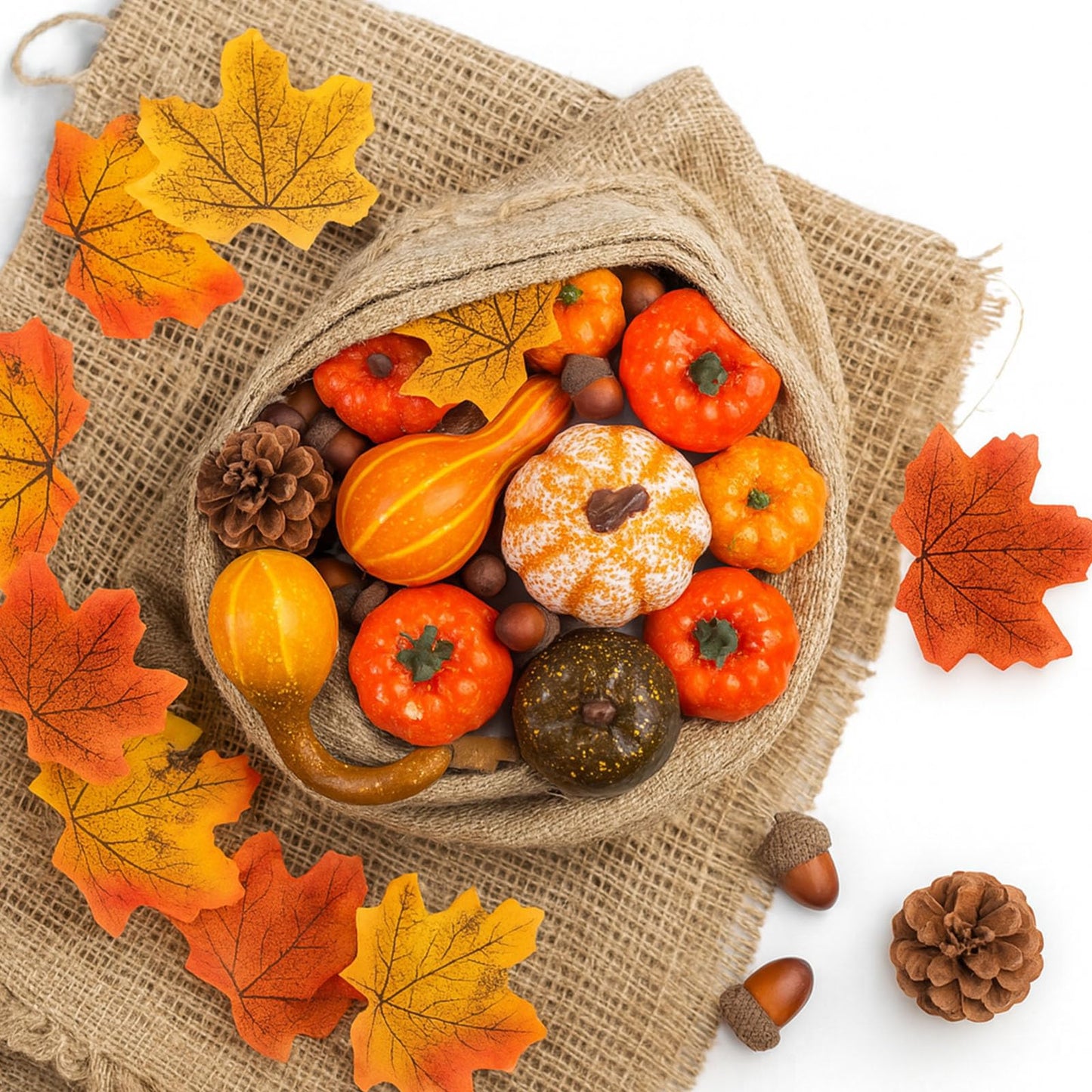 DomeStar Thanksgiving Mini Pumpkins, 8 Assorted Fake Pumpkins and Grounds 30 Maple Leaves 10 Acorns 2 Pine Cones Bowl Filler Fall Garland Wreath DIY Crafts for Harvest Table Centerpieces