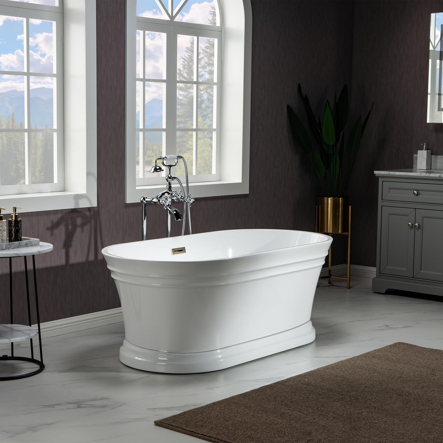 WOODBRIDGE 59 in. Freestanding Double Ended Acrylic Soaking Bathtub with Brushed Nickel Drain and Overflow, BTA1536-BN