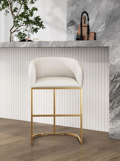Manhattan Comfort Louvre 26 Inch Mid Century Modern Counter Height Bar Stools - Elegant Faux Leather Padded Seat, Stainless Steel Base with Footrest, Fully Assembled Barstools, Set of 1, Cream