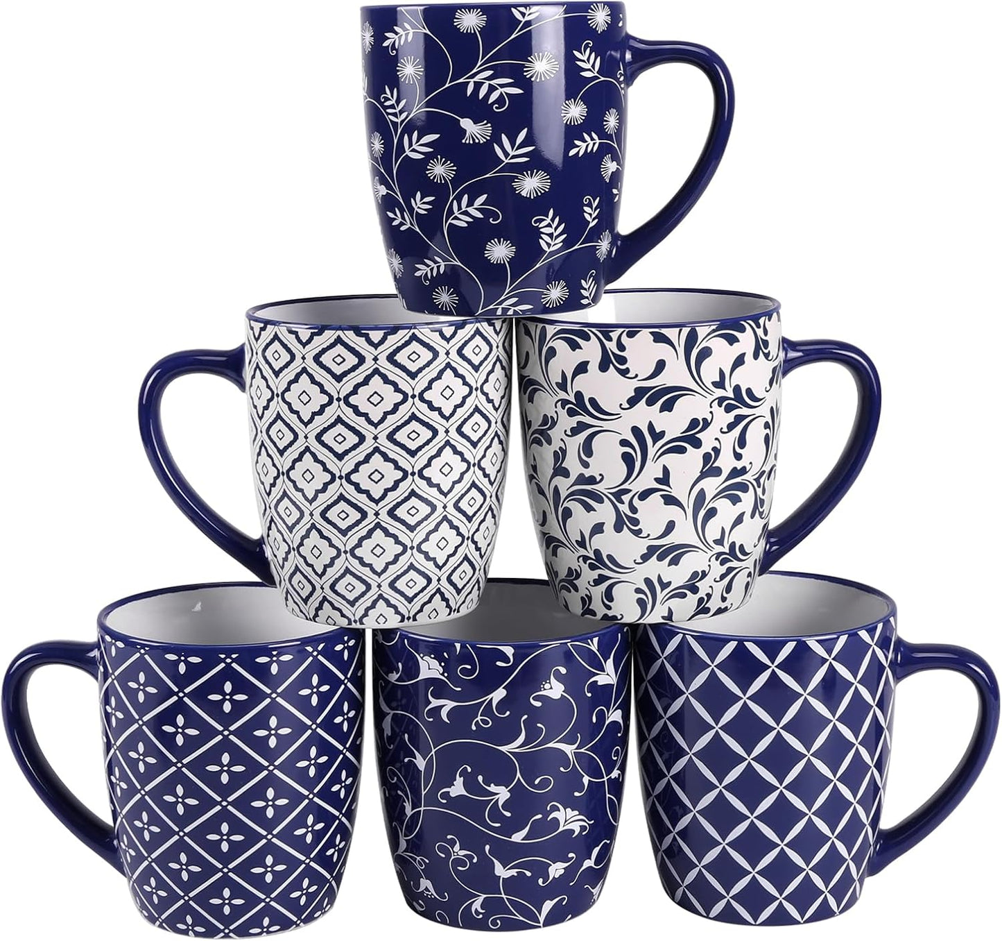 18 OZ Set 6, Schliersee Large Coffee Mugs of Ceramic Mug for Man Woman, Blue White Geometric Floral Porcelain Cup
