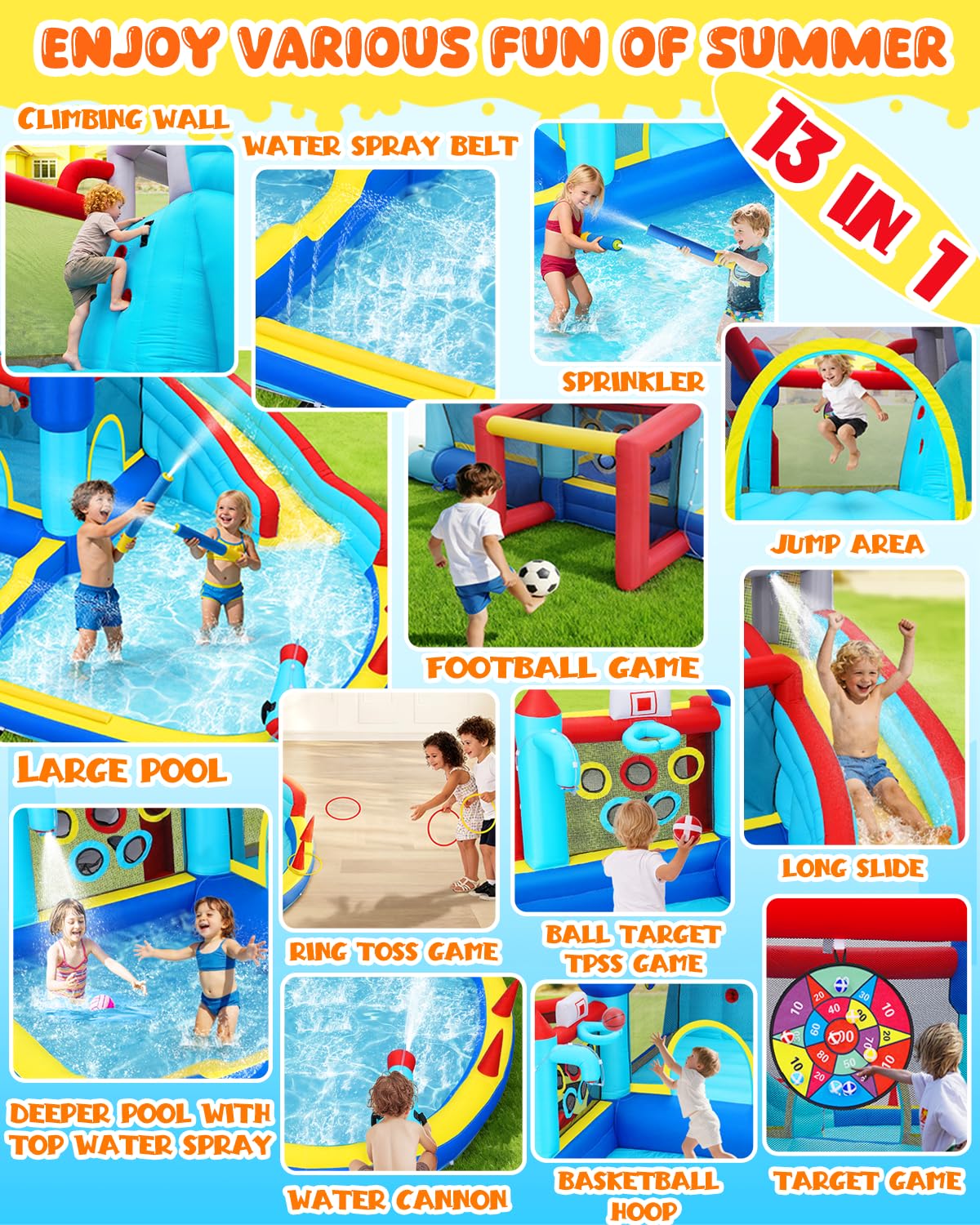 AKEYDIY Inflatable Water Bounce House, 15 x 14 FT Water Slide for Kids,Bouncy Castle Water Park with Deep Splash Pools,Water Cannon&Spray Belt,750W Blower,Ideal for Backyard/Party/Birthday