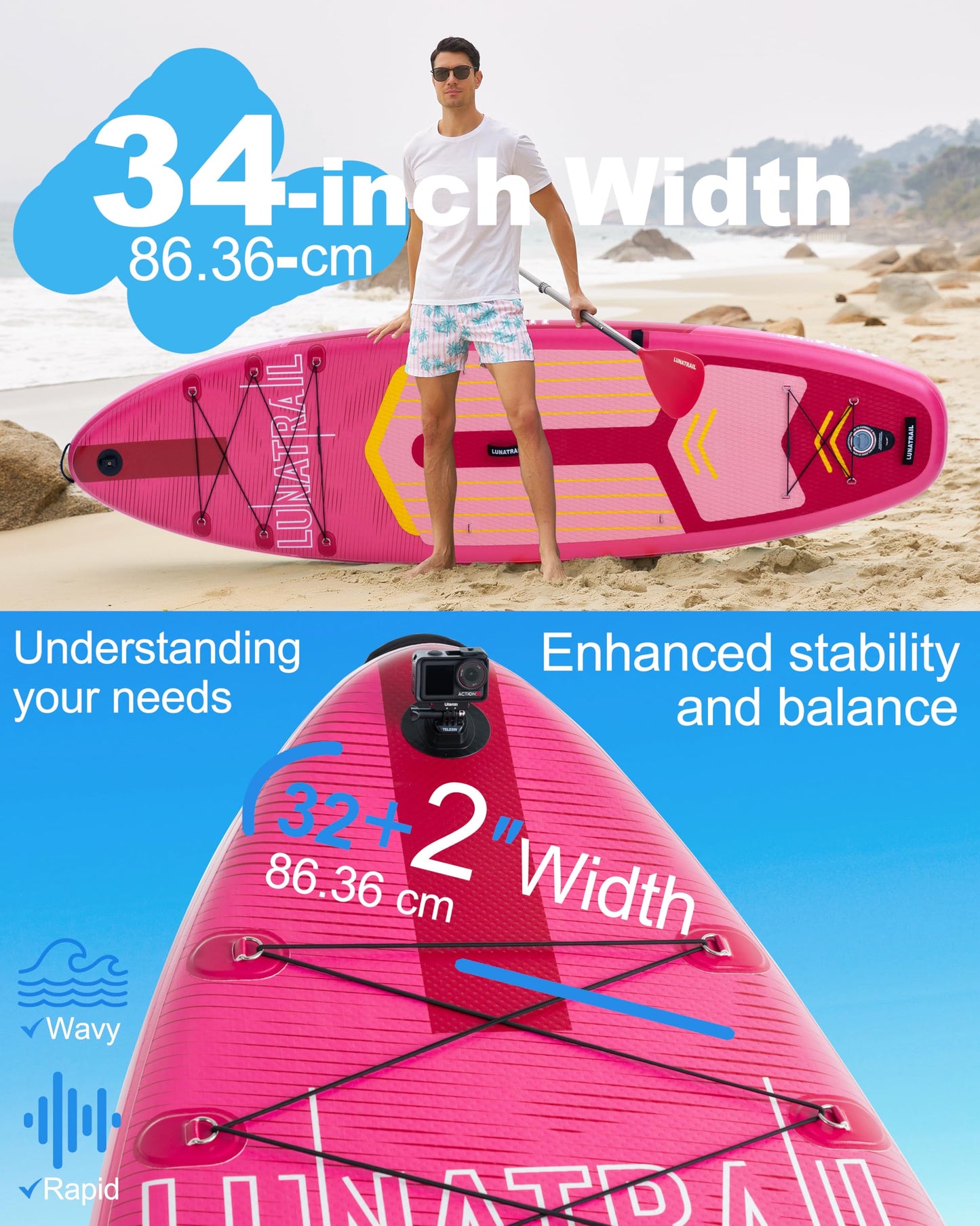 【11'×34"】 Extra Long/Extra Wide Premium Inflatable Stand Up Paddle Board (SUP) – Portable & Lightweight for Yoga, Surfing, Family Fun | Complete Kit with Paddle, Pump, Bag | Durable Design (Pink)