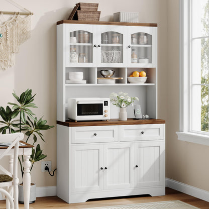 Garvee 71" Pantry Cabinet with Charging Station, Tall Kitchen Pantry Storage Cabinet with Microwave Stand, Farmhouse Kitchen Hutch with Storage Drawers for Living Room, Dining Room, White
