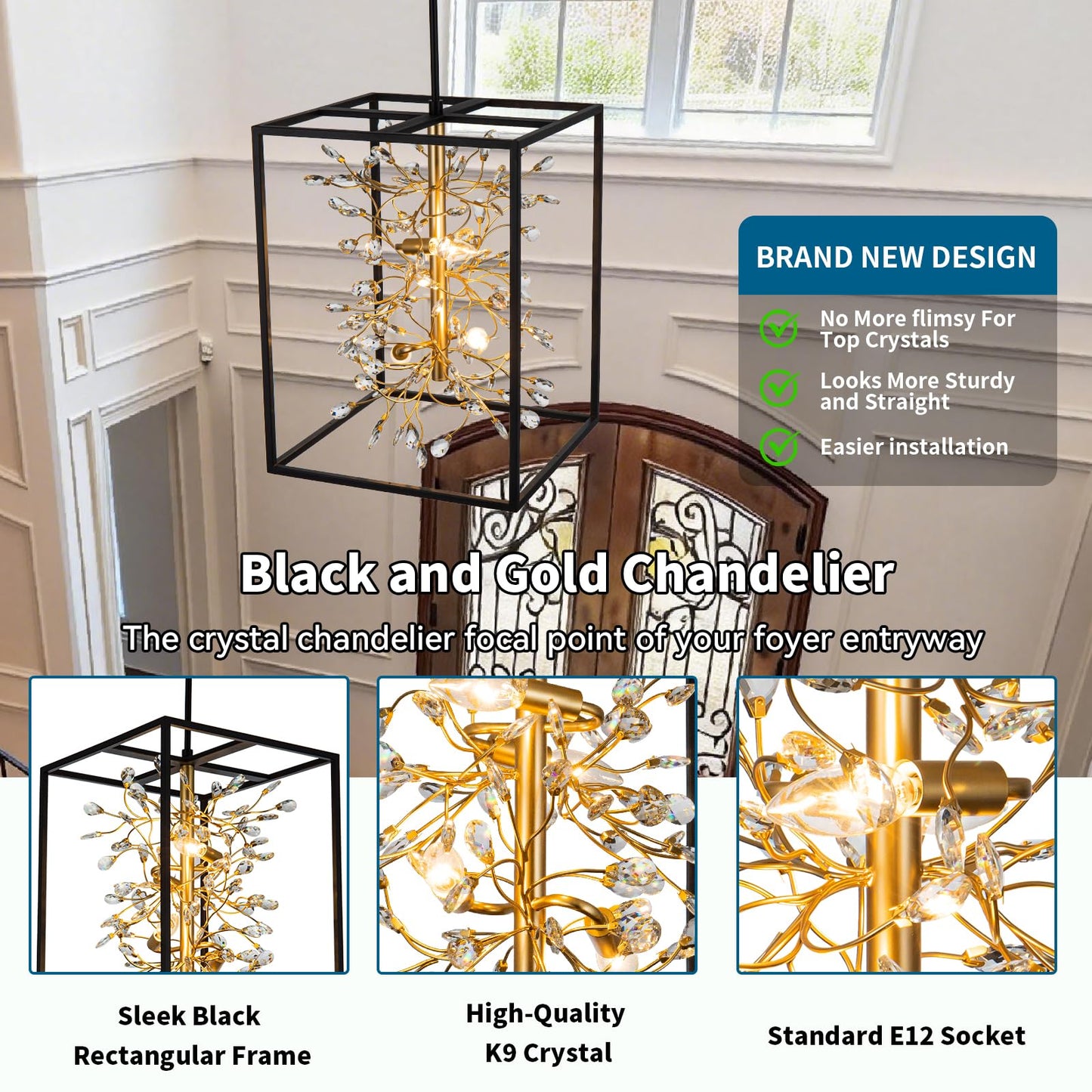 Vezzio Black and Gold Crystal Chandelier, 4-Light Modern Farmhouse Foyer Pendant Light for Entryway, Dining Room, Kitchen Island, Staircase, Hallway, H21 Inch