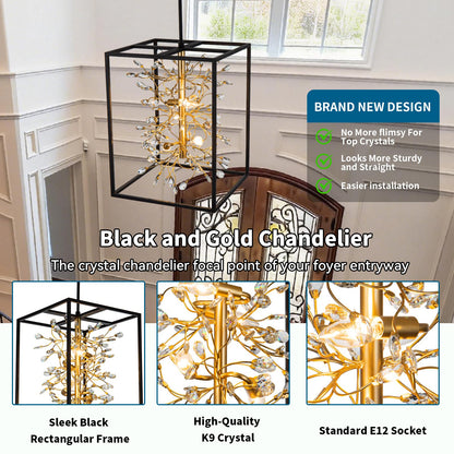 Vezzio Black and Gold Crystal Chandelier, 4-Light Modern Farmhouse Foyer Pendant Light for Entryway, Dining Room, Kitchen Island, Staircase, Hallway, H21 Inch