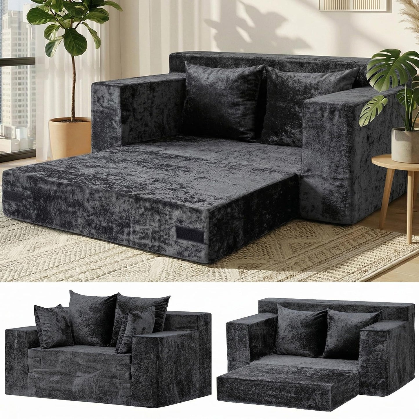 Loveseat Sofa Bed, Convertible Silky Velvet 5-in-1 Foldable Boneless Sleeper Couch, Pull Out Floor Futon Sofa with 4 Pillows, No Assembly Multi-Functional Sofa for Living Room Bedroom Small Apartment