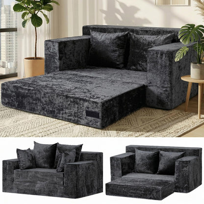 Loveseat Sofa Bed, Convertible Silky Velvet 5-in-1 Foldable Boneless Sleeper Couch, Pull Out Floor Futon Sofa with 4 Pillows, No Assembly Multi-Functional Sofa for Living Room Bedroom Small Apartment