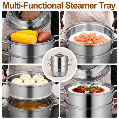 GOLDEN KEY 7.4 QT Steamer for Cooking, 2-Tier Multipurpose 18/8 Stainless Steel Steamer Pot with Lid for Vegetable, Seafood, Rice, Dumplings, Works with Gas Electric Induction Stove