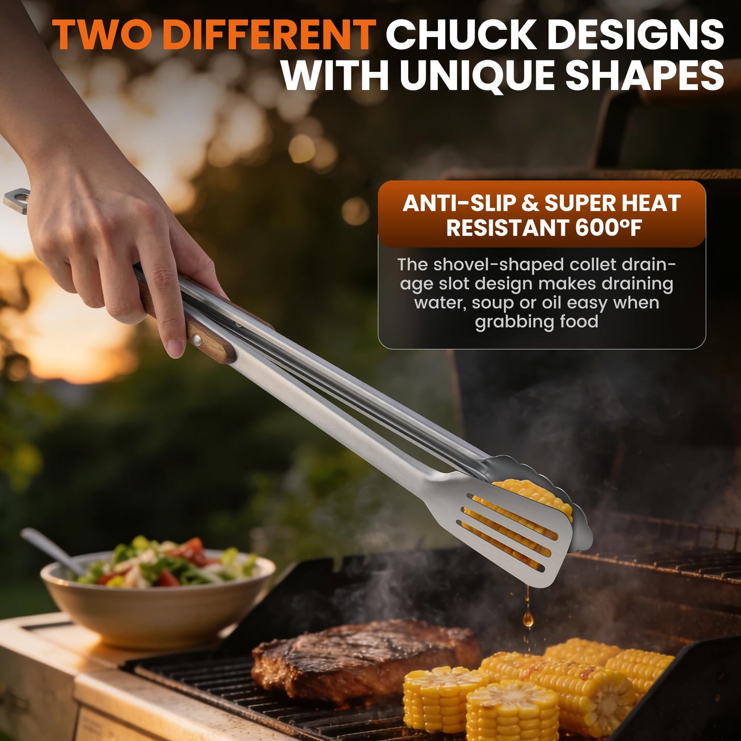 16-Inch Grill Tongs - Extra Long BBQ Tongs with Wood Handles - Heavy Duty Heat Resistant Barbecue Tong Stainless Steel Metal Tong for Cooking, Grill, Grilling, Charcoal, BBQ, Barbecue, Serving