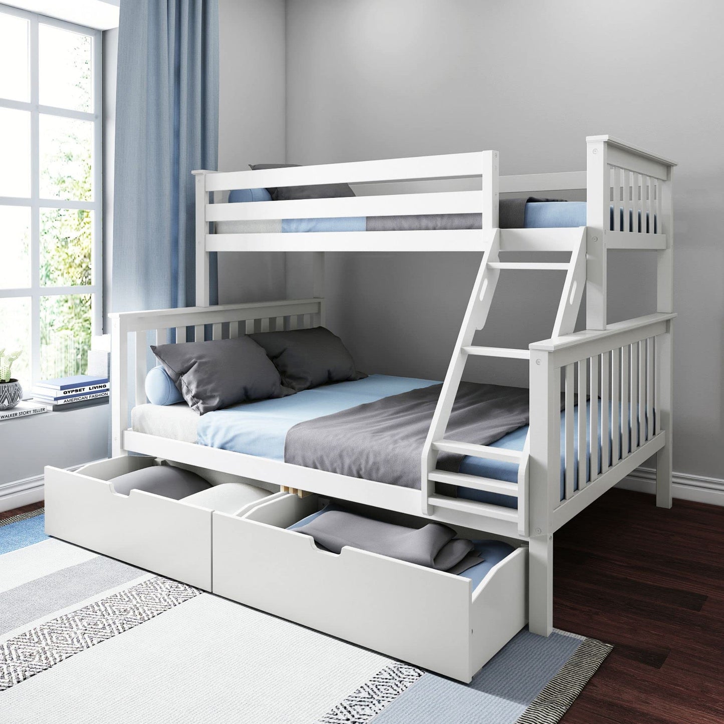 Max & Lily Bunk Bed, Twin XL-Over-Queen Wood Bed Frame for Kids with Storage Drawers, White
