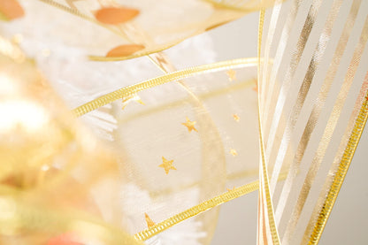 MEEDEE Gold Ribbon for Christmas Tree Decoration - 2.5 Inch, 6 Rolls, 36 Yards - Star and Stripe Wired Ribbon for Tree Garland and Crafts