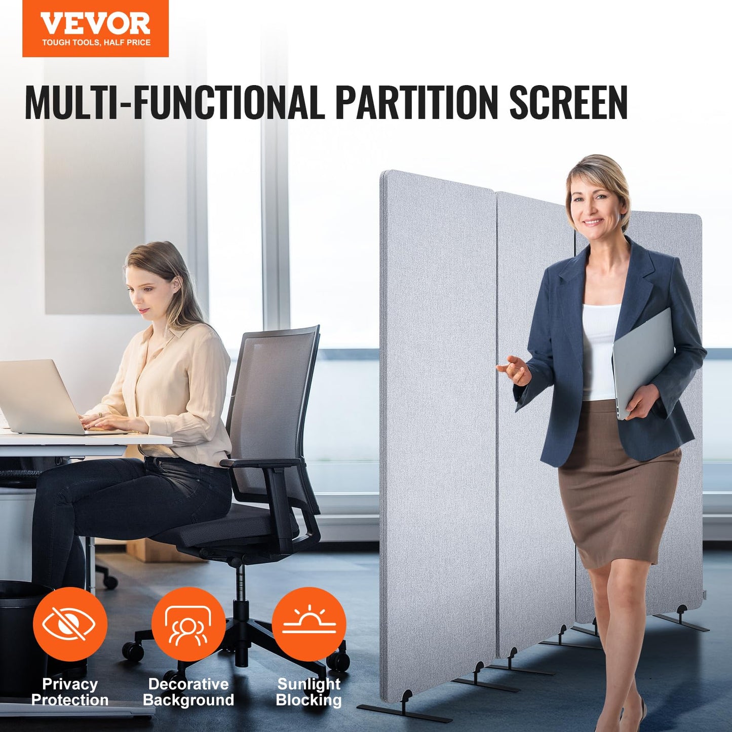VEVOR 2FT Room Divider, 3 Panel PET Polyester Soundproof Room Screen, Folding Privacy Divider Portable Partition Divider for Room Separation, Freestanding Room Partitions for Office Study, Grey