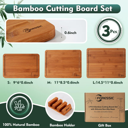 Bamboo Cutting Board, Non Slip Wood Cutting Boards for Kitchen 3 Packs Holder and Over Sink Nice Solid Thick Durable Cutting Boards for Kitchen Large Small Vegetables Fruits Kitchen Gifts (Carbonized)