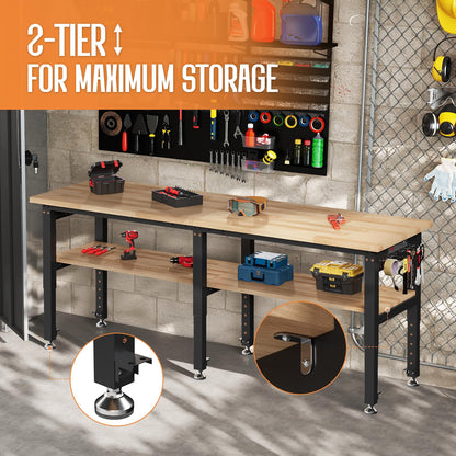 SPECRAFT 84"x24" 2-Tier Adjustable Workbench with 4 AC Outlet and 2 USB Ports Power Outlets, 6000 Lbs Capacity Heavy Duty Workbench, Rubber Wood Top for Garage, Workshop, Office