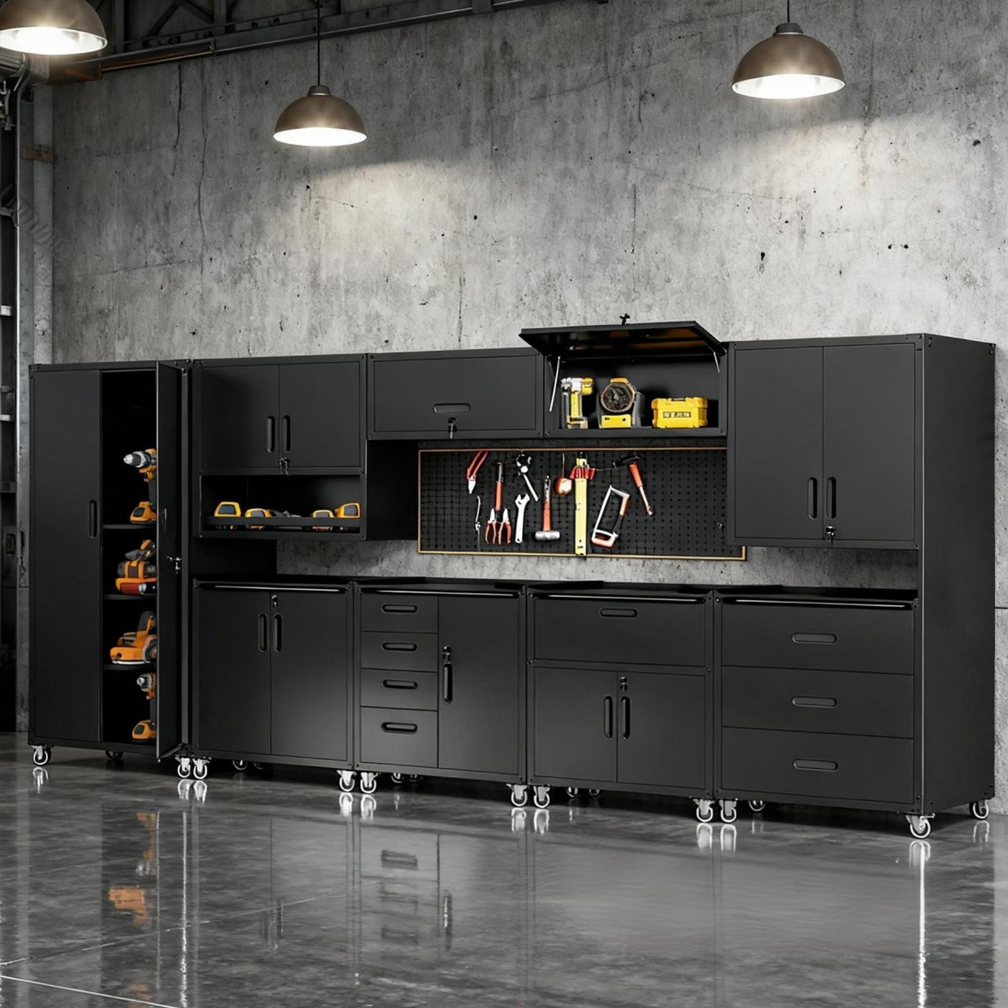 VIYET Metal Tool Cabinet,Garage Storage Cabinet System,Wall Cabinet & Locking Rolling Tool Cabinet with Doors and Adjustable Shelves,Steel Tool Cabinets for Home