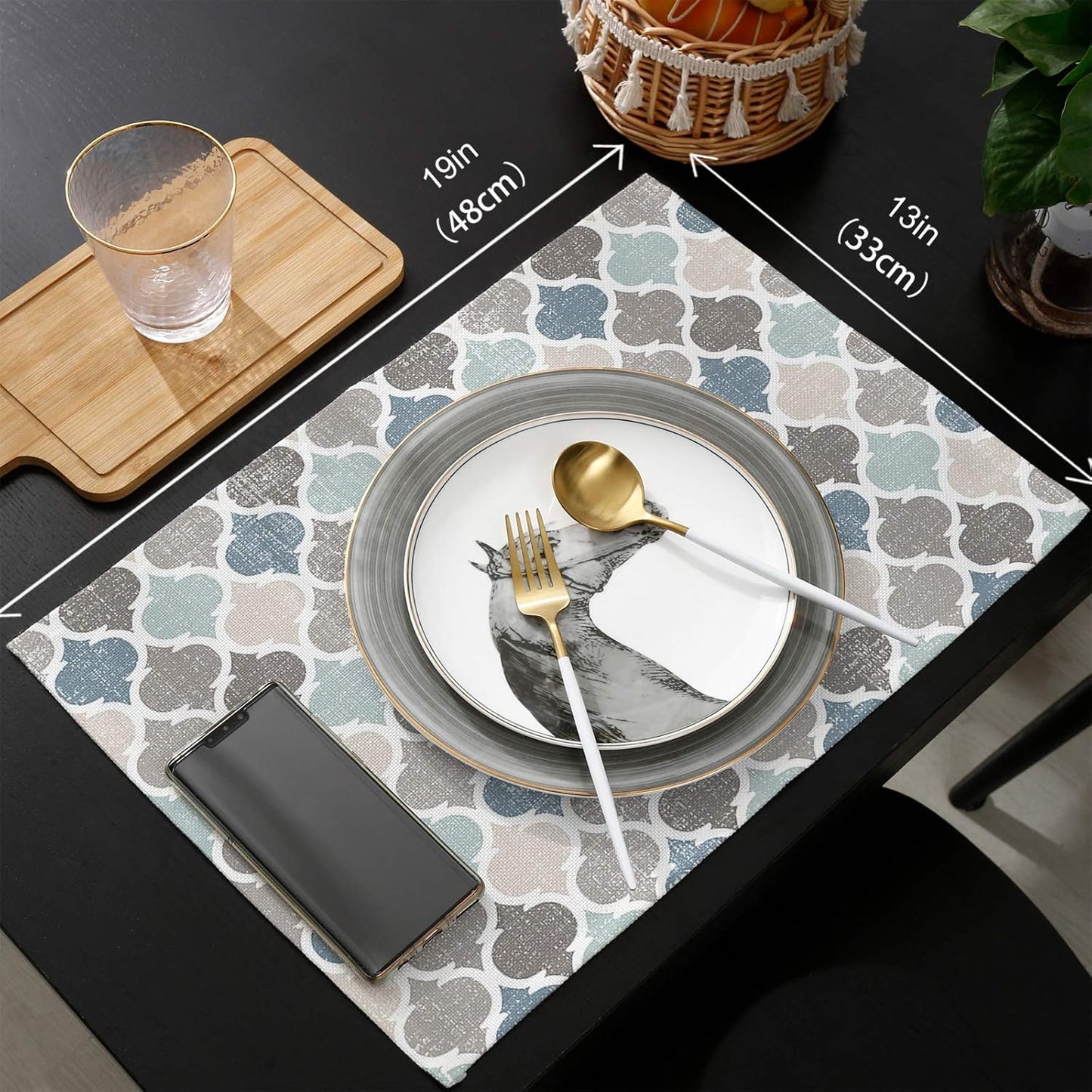 ALAGEO Retro Moroccan Plaid Placemats Set of 6 for Dining Table, Cotton Linen Geometric Quatrefoil Blue Beige Grey