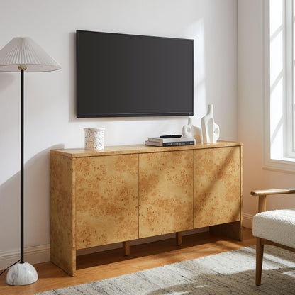 Modway Hudson Burl Wood Sideboard with 3 Doors in Natural - Modern Buffet Cabinet - Versatile High TV Stand Media Cabinet - 60 Inch Storage Sideboard for Living Room with Doors and Shelves