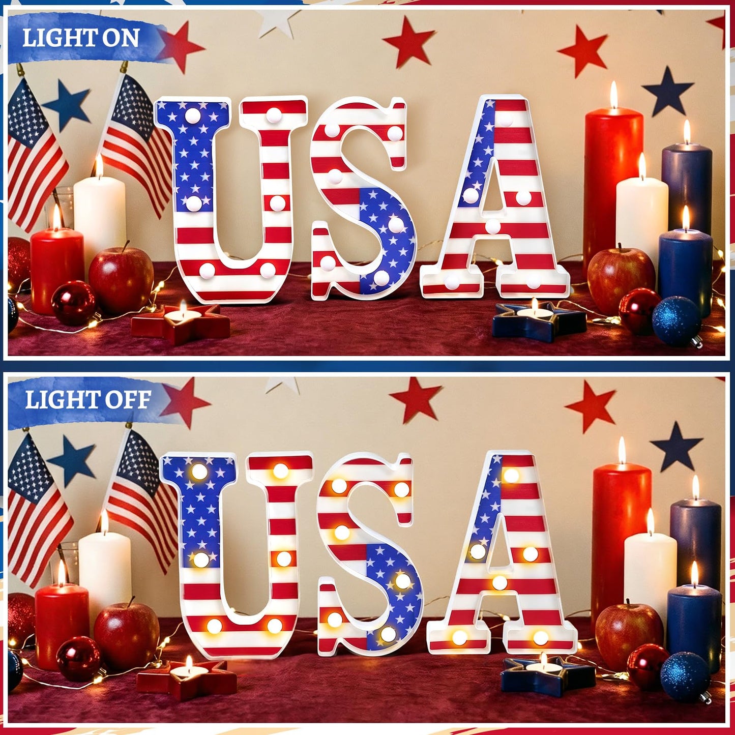 InnovaTools 3 Pcs Light Up Letters, 4th of July Patriotic USA LED Marquee Letter Lights, American Flag Red White Blue Decor for 250th Anniversary Independence Day Table Centerpiece Home Decorations