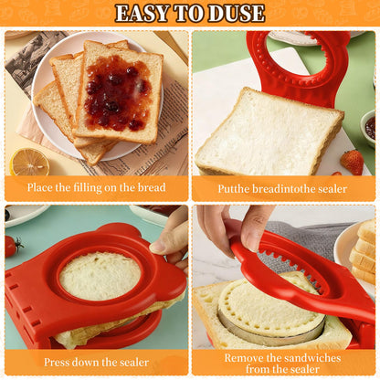 Uncrustable Sandwich Cutter, 2Pcs Uncrustable Sandwich Maker for Lunch,Square Gray and Round Red Crustless Breakfast Sandwich Cutter and Sealer Set,Great for Lunchbox