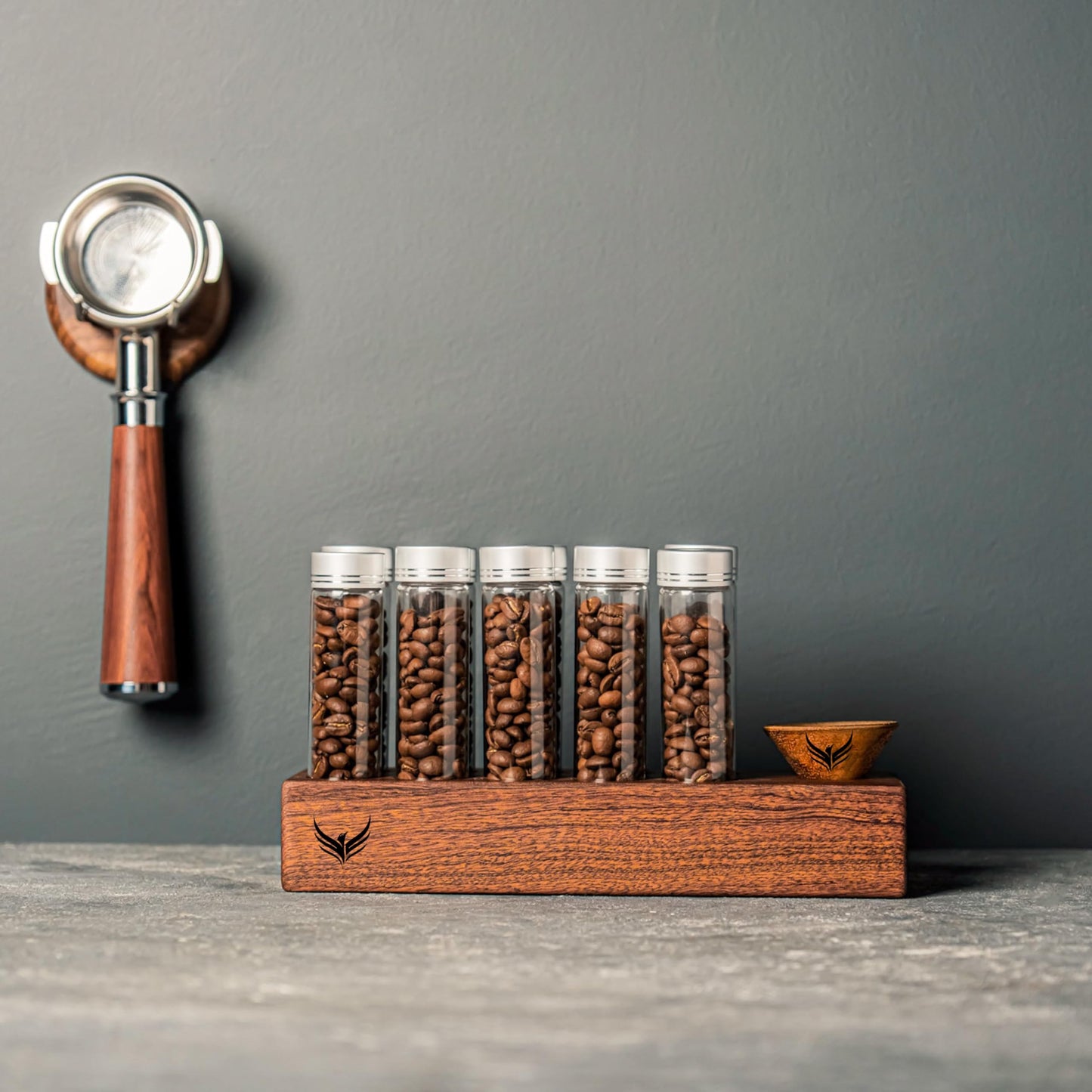 KNODOS Single Dose Coffee Bean Storage Tubes Coffee Bean Cellar 10 Pcs Dosing Glass Vials With Lids (2 Oz) Wooden Display Stand And Funnel