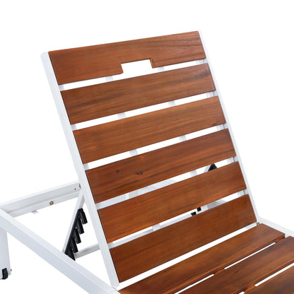ApilithHive Outdoor Chaise Lounge with 6-Position Adjustable Backrest, Acacia Wood and Steel Frame, 78.7", 400 lbs Capacity, White and Brown