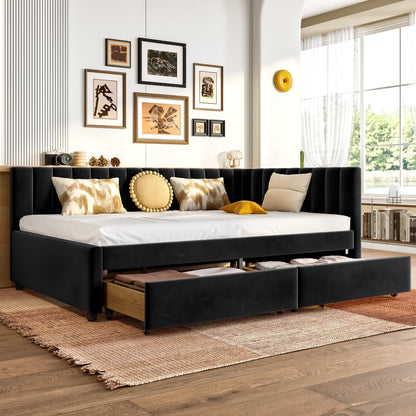 GDFStudio Twin Size Daybed with Trundle, Upholstered Platform Bed Frame with LED Light, Storage Shelves, USB Charging Station, Velvet Twin Bed Frame with Slat Support, No Box Spring Needed, Dark Grey