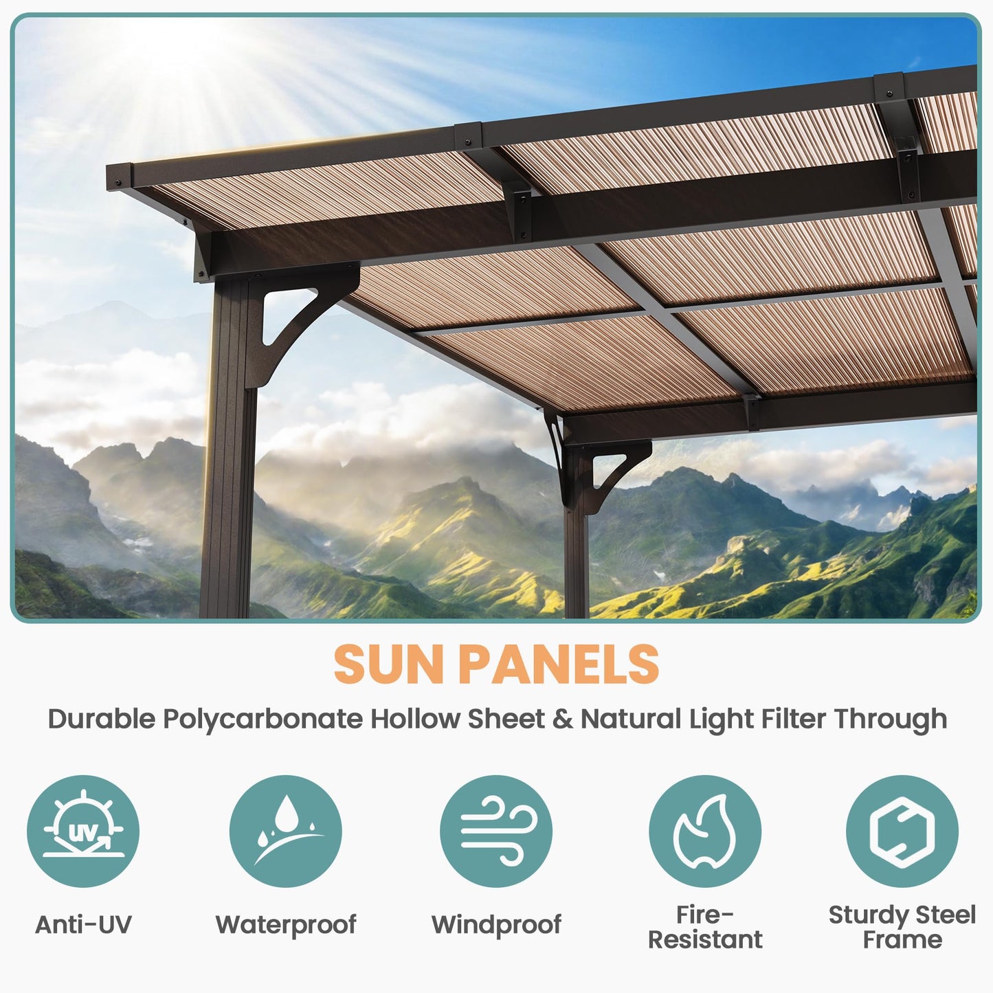Pamapic 10x20FT Wall Mounted Gazebo, Hardtop Lean to Gazebo with Aluminum Frame & UV Resistant Polycarbonate Roof, Outdoor Patio Awning for Deck, Porch, Lawn & Backyard