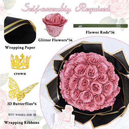 Waipfaru Rose Gold Glitter Roses Bouquet, DIY Flowers Bouquet, Birthday Gifts for Women Mom Grandma Wife Girlfriend, 36 Pcs Fake Rose for Valentines, Mothers Day, Anniversary, Graduation Gifts