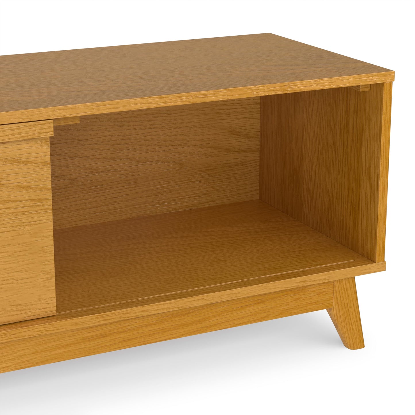 SIMPLIHOME Lennon TV Stand - 72 inch Wide Solid Wood Low Media Console in Oak Veneer, Mid Century Modern Entertainment Center for Living Room for TVs up to 80 Inches with Shelves and Cable Management
