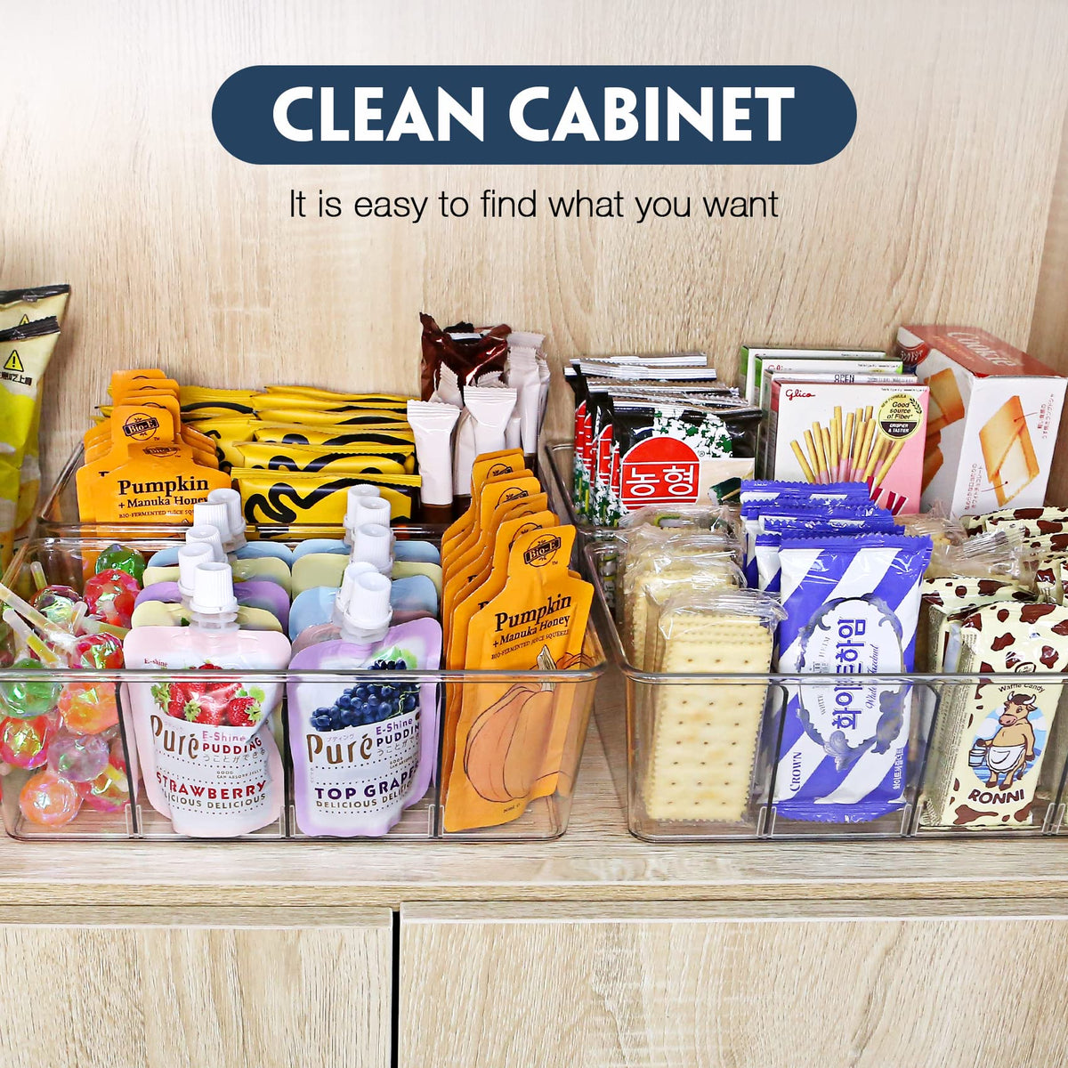 Batoto Pantry Organization and Storage Bins, Refrigerator Organizer Bins – Clear, Kitchen Organization and Storage with Dividers (2 Pack)