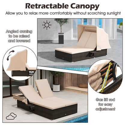 HAPPYGRILL Outdoor Rattan Daybed with Retractable Canopy, 2-Person Lounge Bed with 5-Position Adjustable Backrest, Foldable Side Shelves, Patio Double Sunbed Conversation for Yard Porch