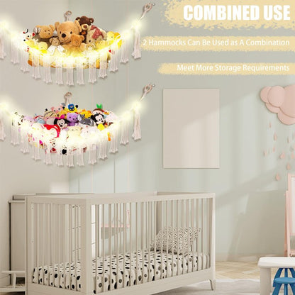 CERETIA Stuffed Animal Hammock with LED Light, Large Stuffed Animals Storage Corner Plushie Net for Kids Room Decor, White